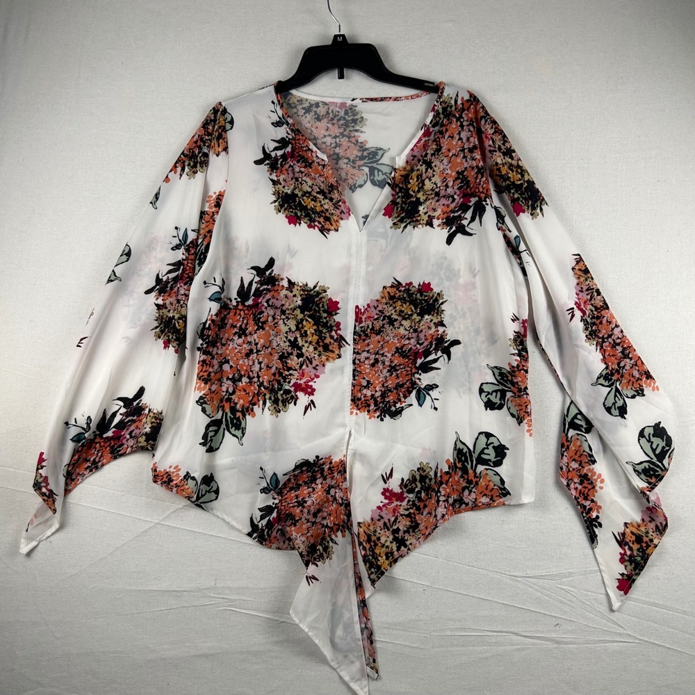 Floral V-Neck Front Tie Blouse White Orange Long Sleeve Top Size Large